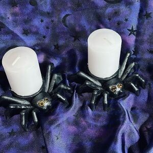 Brand New Set of Black Ceramic Spider Candle Holders for Halloween